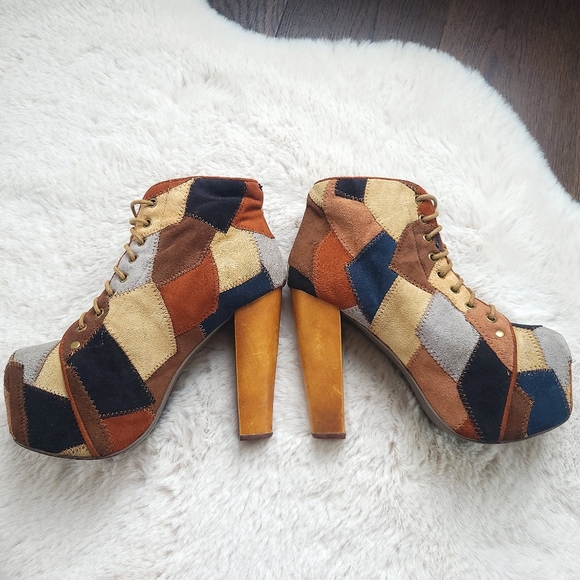Jeffery Campbell Y2K Patchwork Lolita Square Toe Lace Up Platform Boots - Picture 6 of 10